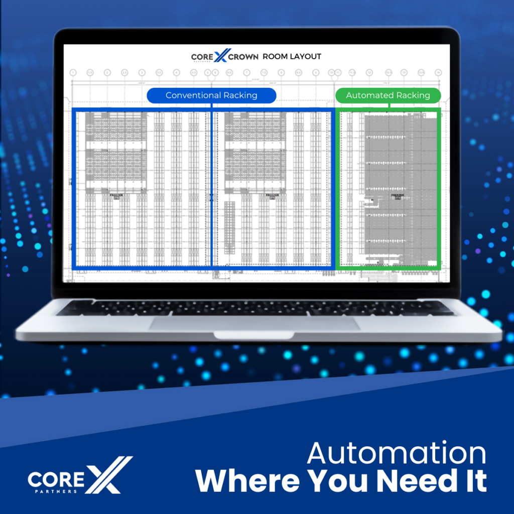 automation room layout for cold storage, automated racking, and conventional racking in CORE X CROWN