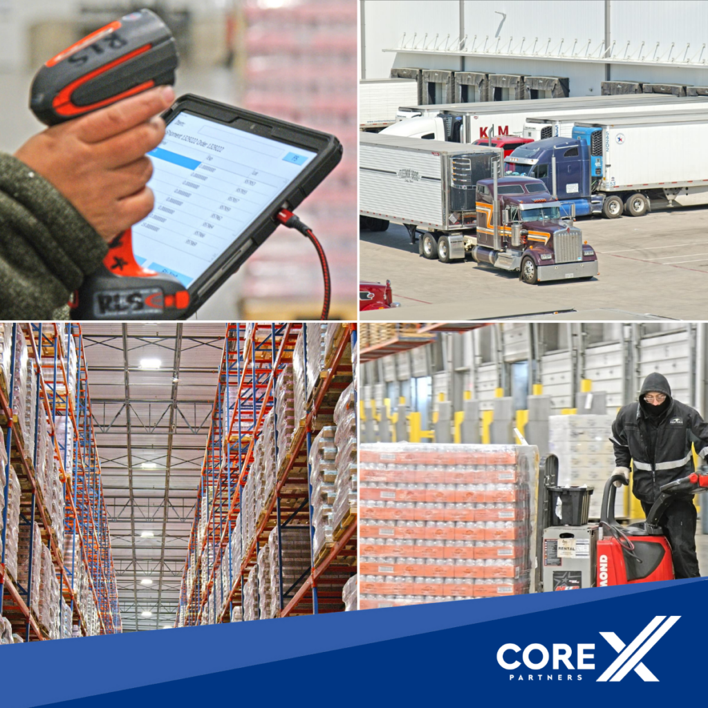 Scanner, delivery trucks, conventional racking, and cold storage with man moving pallets at CORE X 